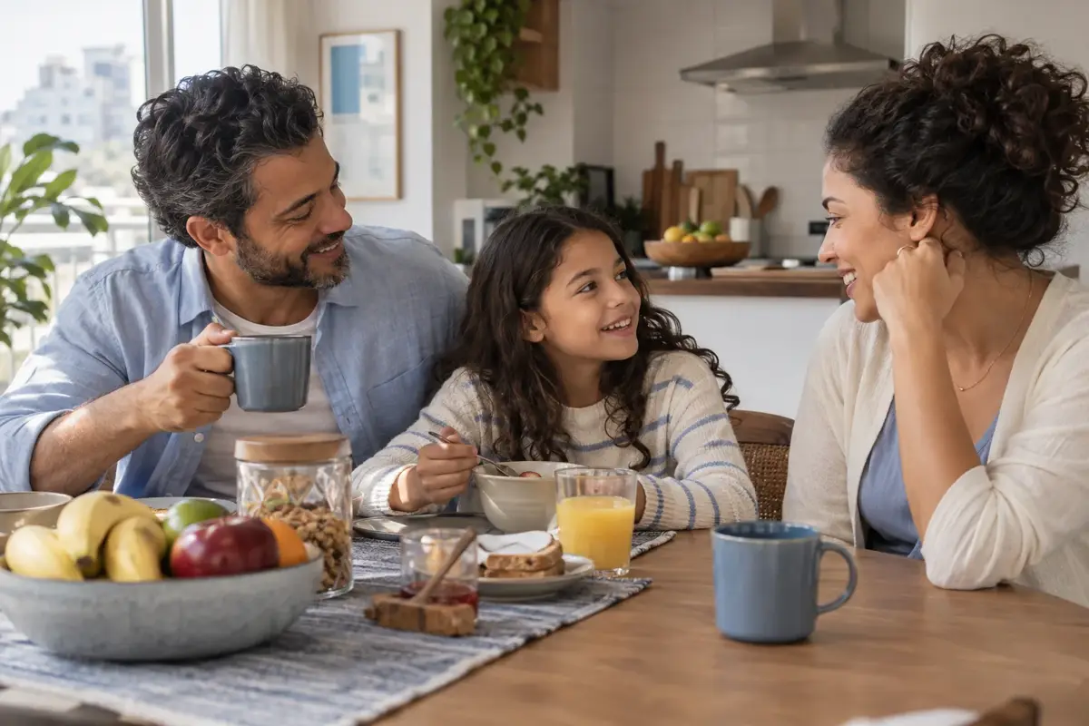 Cena ilustrativa de uma família conversando em casa